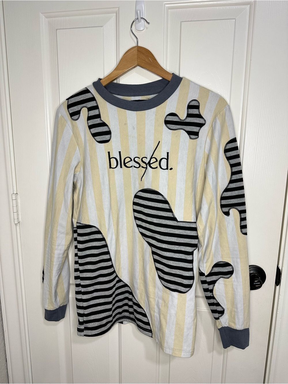 The Hideout Clothing Yellow White Striped BLESSED Mixed Media Long Sleeve Shirt - Picture 2 of 10
